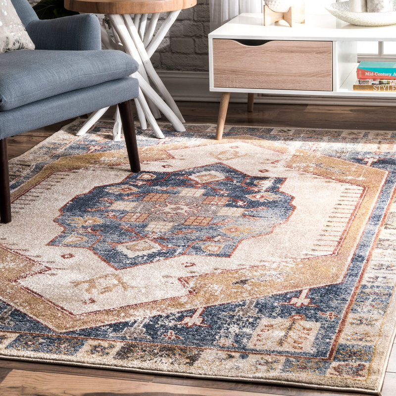 Tapis beige / bleu Juliette, Rectangle 5 pi 3 po x 7 pi 7 po