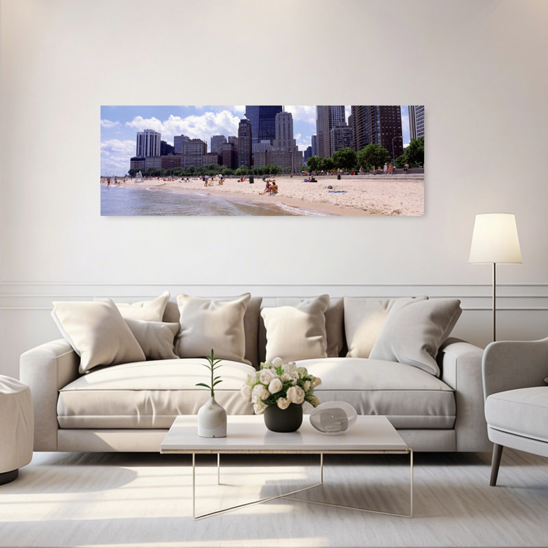 Group of people on the beach Oak Street Beach Chicago Illinois USA 1 Piece Wrapped Canvas Panoramic Wall Art