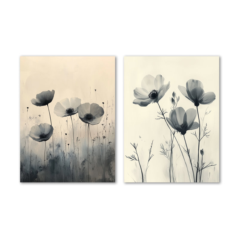 «Silent Wild Bloom» en fleurs sauvages monochromes I - ensemble de 2 décorations murales botaniques en métal gris