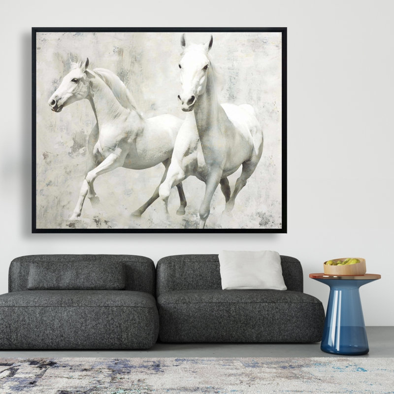 Deux chevaux blancs qui courent sur toile