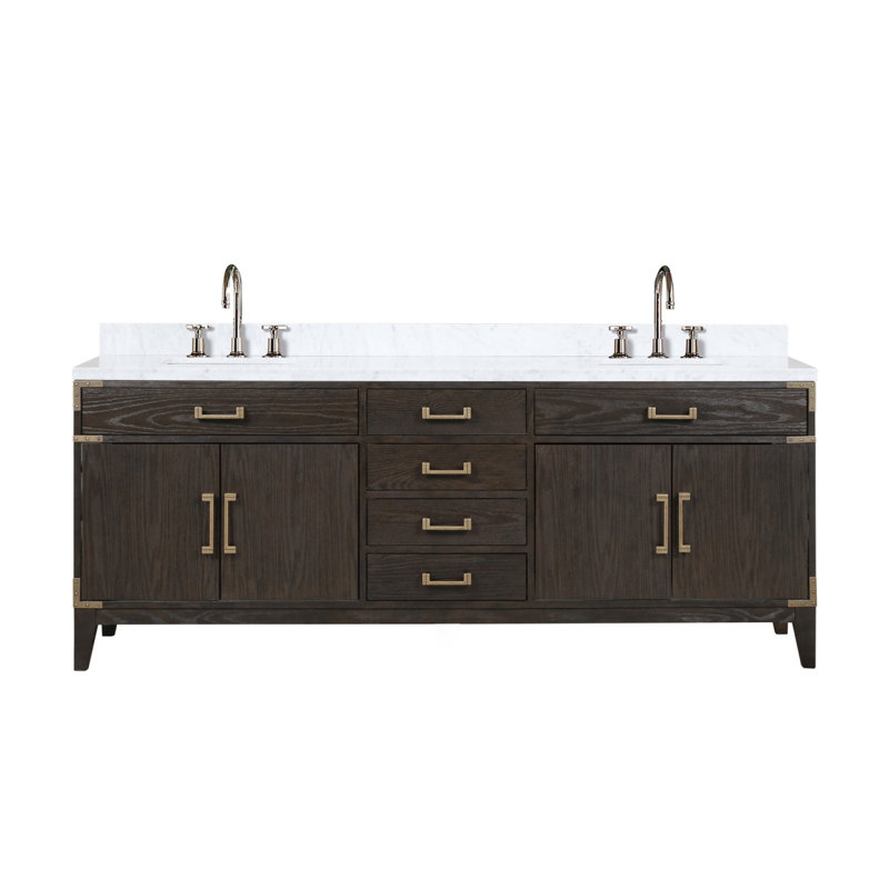 Meuble-lavabo double en chêne brun 84 po X P 22 po D, dessus en marbre de Carrare et ensemble de robinet, Chêne brun