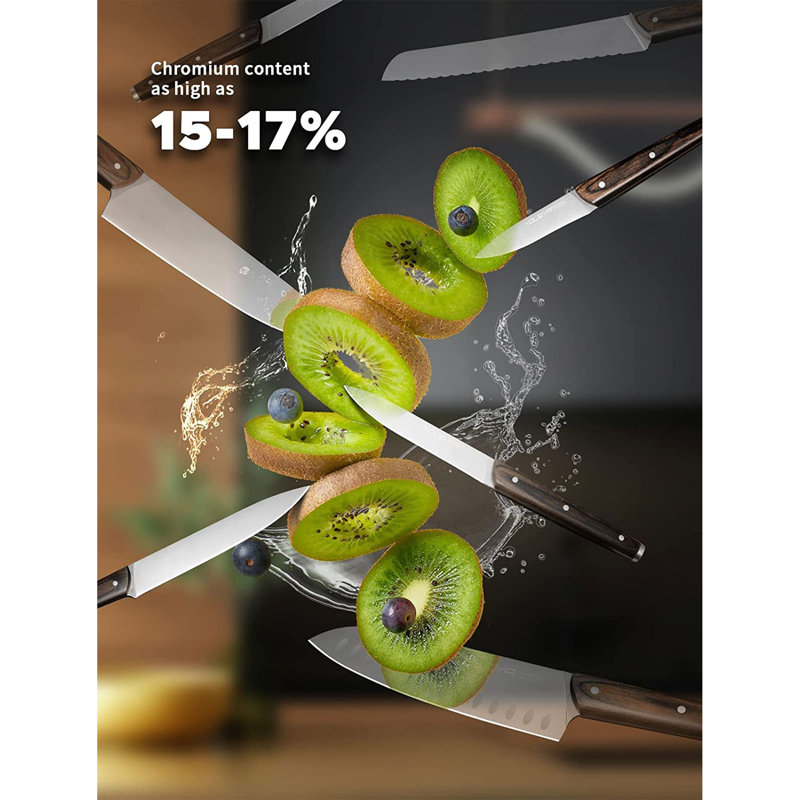 Ensemble de 15 couteaux de cuisine en acier inoxydable avec bloc de rangement YOLEYA, brun