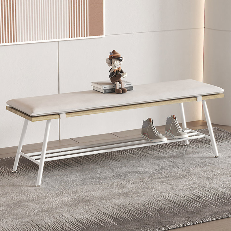 59.1in Wrought Iron Frame Shoe Storage Bench, White/Natural Wood