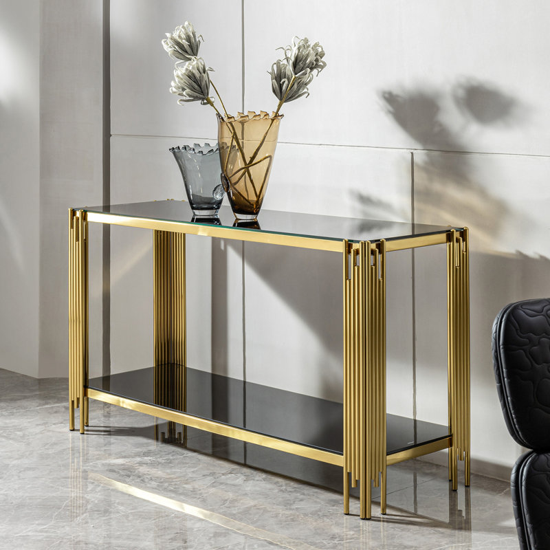 Console moderne avec plateau en verre et miroir en acier inoxydable doré
