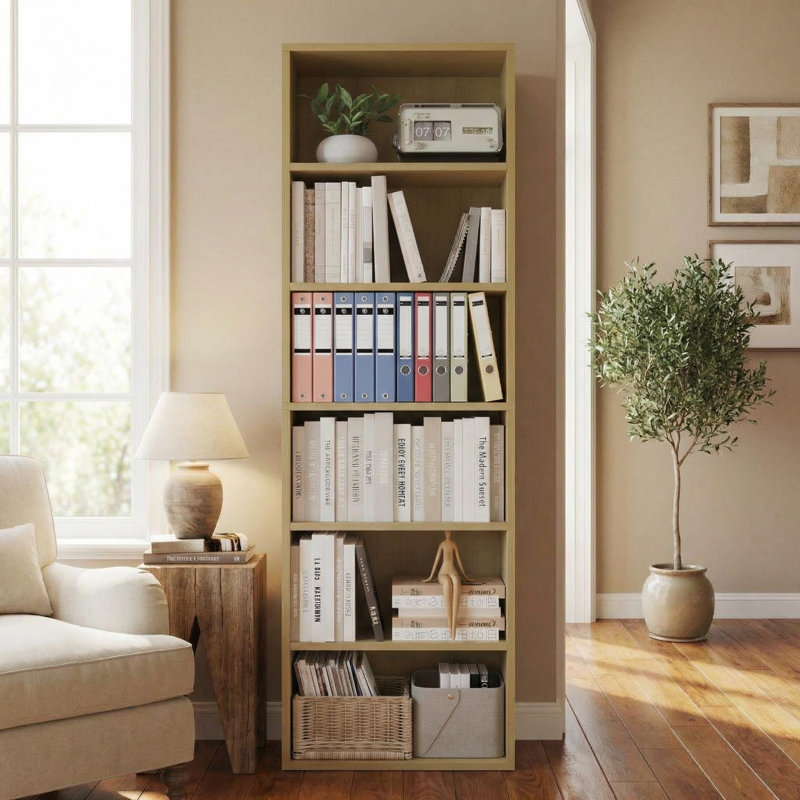 71.4" Tall 6-Tier Wood Bookcase, Slim Industrial Bookshelf with Anti-Tip Design, Natural