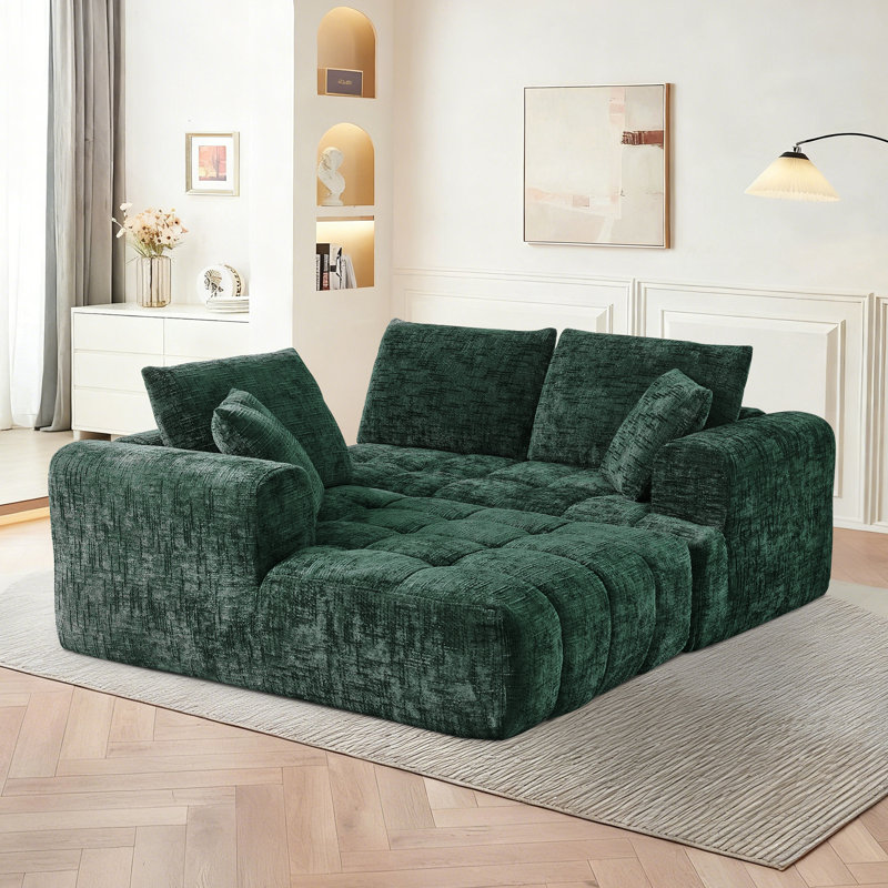108" Chenille Compression Sectional Sofa with Chaise,Tufted Seat, No Assembly, Dark Green Chenille, Left Hand Facing