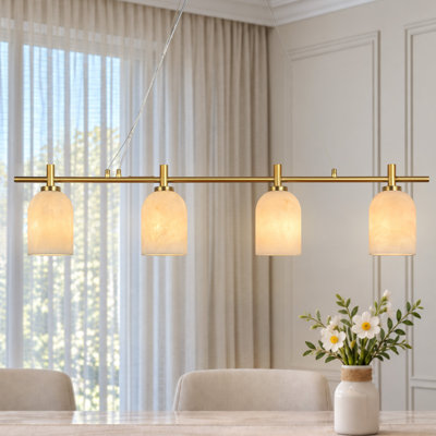 4-Light 43'' Dimmable Modern Brass Kitchen Island Linear Pendant with Bell Faux Alabaster Shades