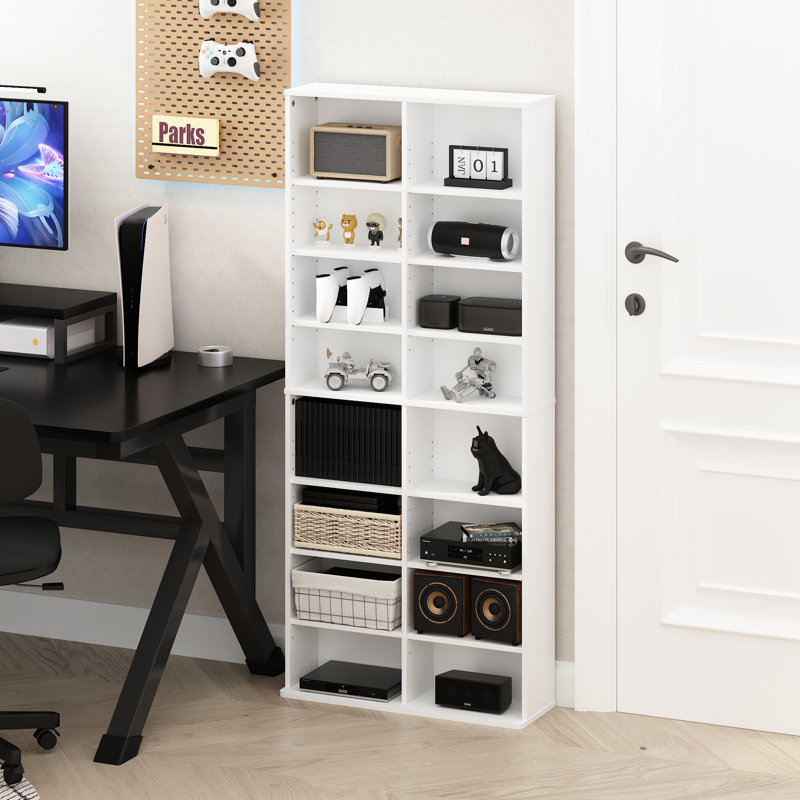 16-Shelf Multimedia Media Storage Tower Rack with Adjustable Shelves, White