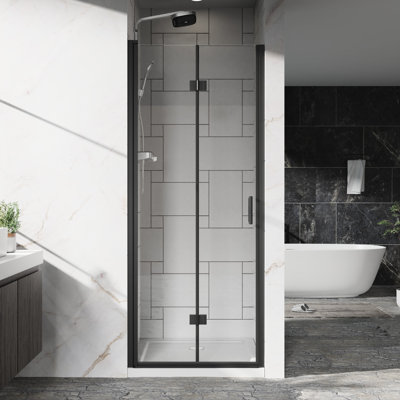 32" - 33.2" Adjustable Width Pivot Glass Shower Door, 6Mm Tempered Clear Glass, Black Finish, Reversible Installation, 180 Internally/Externally Pivot, Bi Folding Hinges, Water Leakage Prevention