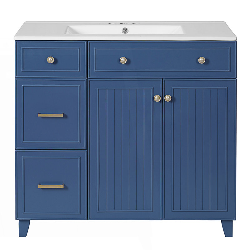 Meuble-lavabo de salle de bain avec lavabo en céramique et tiroirs à double couche, Bleu
