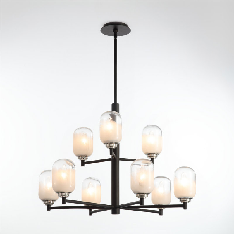 Lustre noir mat 9 lumières VidaLite Seren avec abat-jour en verre fait à la main - Luminaire suspendu rond de style moderne avec bras rotatifs, longueur de suspension réglable, plafond incliné adaptable