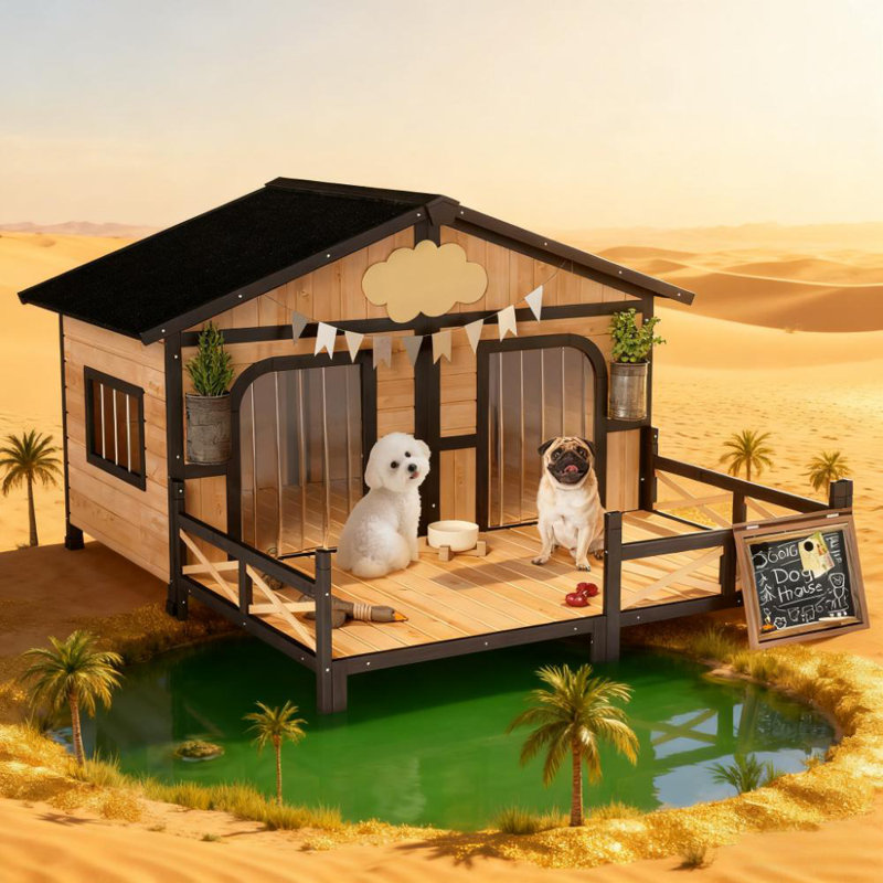Chenil en bois pour chien avec porche, toit ouvrable, fond amovible, plancher surélevé, chambre double