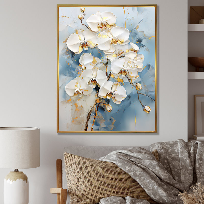 Élégance florale beige et or III, Cadre flottant doré, H 40 po x l 30 po