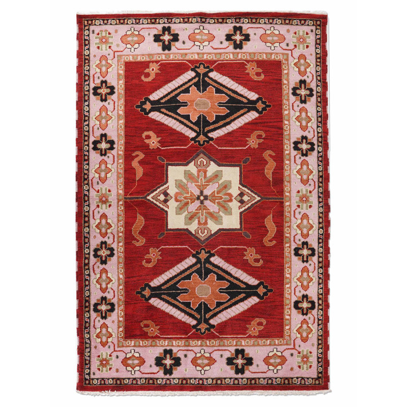 Tapis d'intérieur rectangulaire oriental fait main en soie et laine rouge et beige, noué à la main, Rectangle de 5 pi x 8 pi