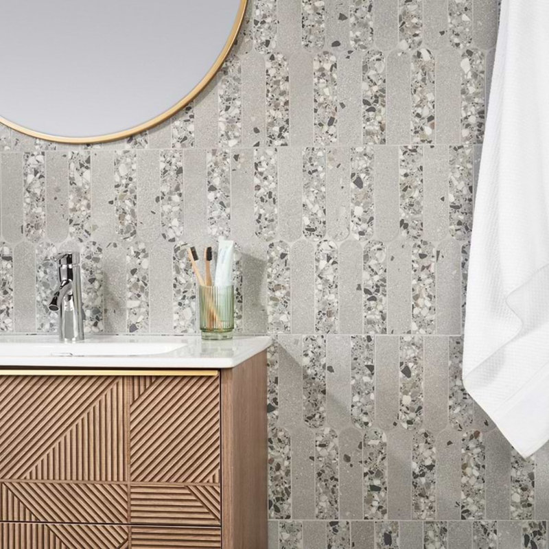 Kobe 2x8 Fish Scale Matte Terrazzo Look Porcelain Mosaic Tile, Smoke Gray