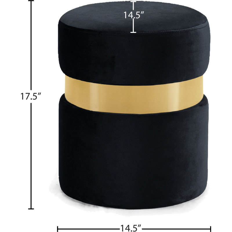 Hailey 14.5" Wide Velvet Round Cocktail Ottoman, Black Velvet, Gold