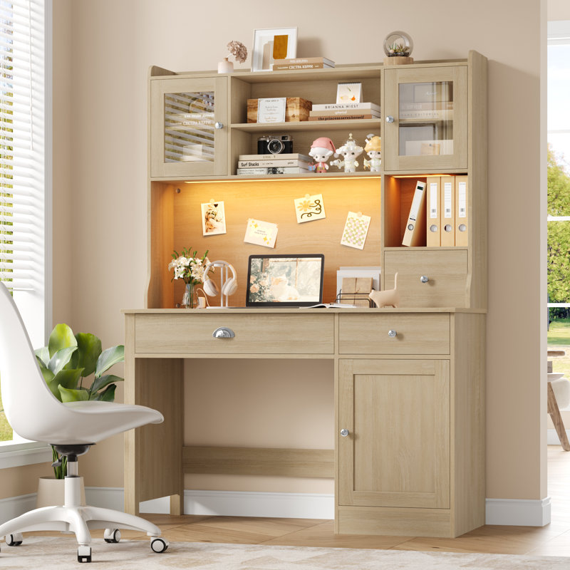 Bureau d'ordinateur en bois blanc de 120 cm de large avec tablette et éclairage DEL, en solde, Brown