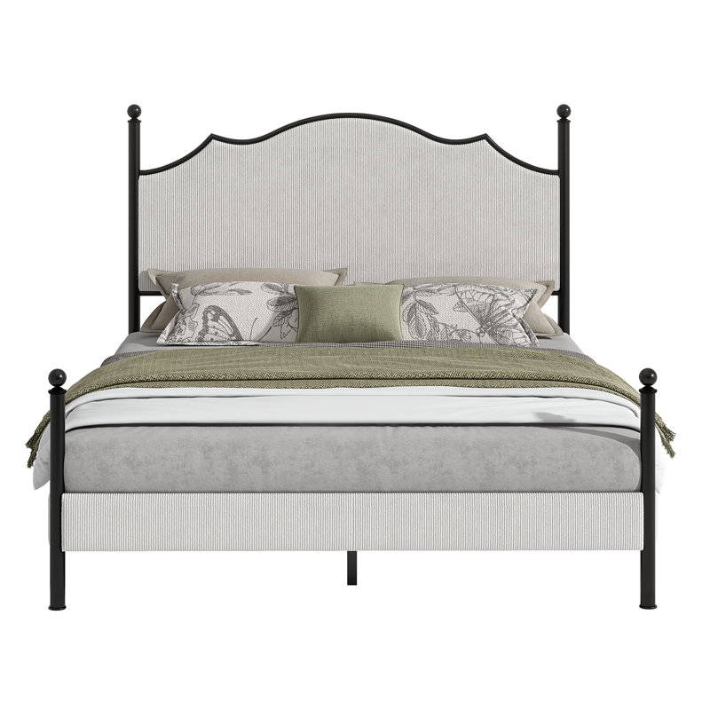 Lark Manor Upholstered Bed Frame With 51.2" Tall Headboard, Metal Four Poster/LED/Easy Assembly, White, Queen