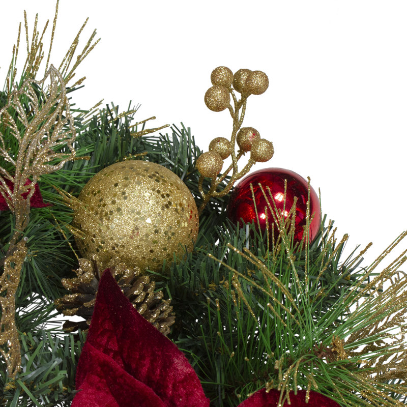 Couronne de Noël artificielle poinsettias et boules - non éclairée 24 pouces