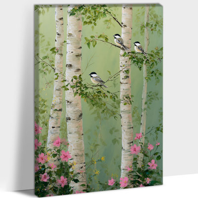 Birch Tree Canvas Wall Art - Nature Landscape Pictures Wall Decor for Living Room, Chickadee Forest Artwork Prints for Bedroom Wall, Wrapped Canvas Pine Frame, 12×16 inches
