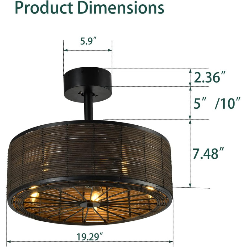 Ventilateurs de plafond en rotin de 21 po avec lumières, ventilateur de plafond encastré en cage avec télécommande intérieure, 6 vitesses, minuterie, télécommande APP, comprend 5 ampoules DEL pour la chambre à coucher, la cuisine, le salon et la ferme
