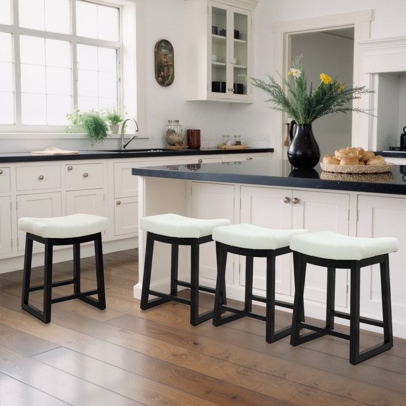 24.4'' Saddle Seat Counter Height Barstool With Solid Wood Frame, White Linen/Black