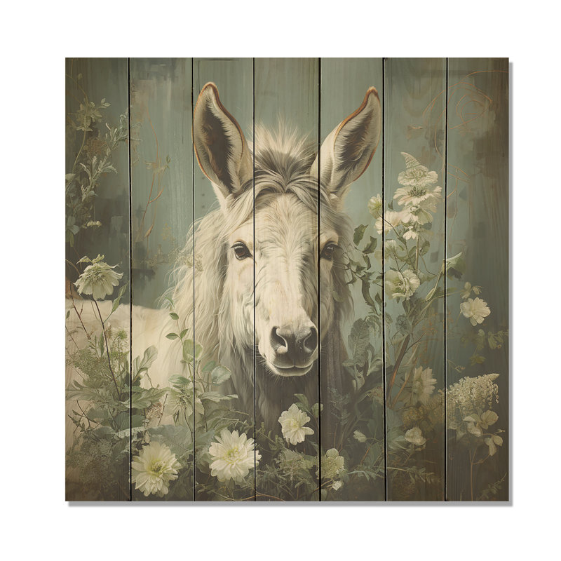 Farmhouse Donkeys Flower Charm II - Donkey On Wood Print, 15" H x 15" W