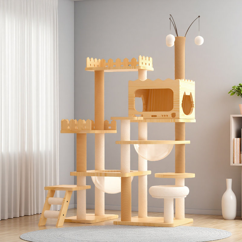 Tour à chat moderne de 66,9 po, tour d'arbre à chat en bois pour chats d'intérieur, arbre à chat avec poteaux à griffes recouverts de sisal et perchoir supérieur, condo pour chat avec hamac en acrylique