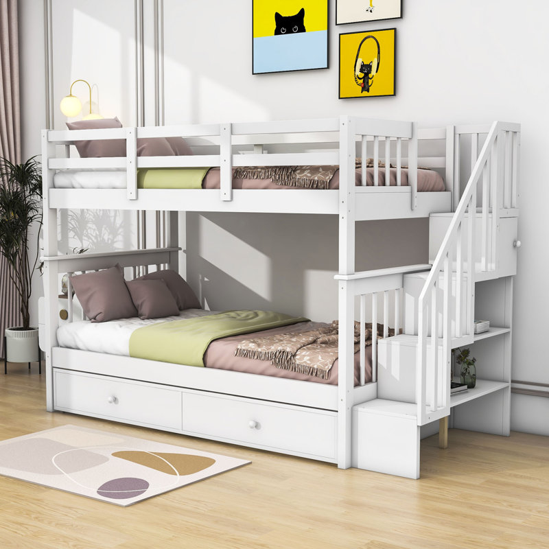 Abie Twin Over Twin Bunk Bed with Built-In Stairs , Trundle Bed Included, White