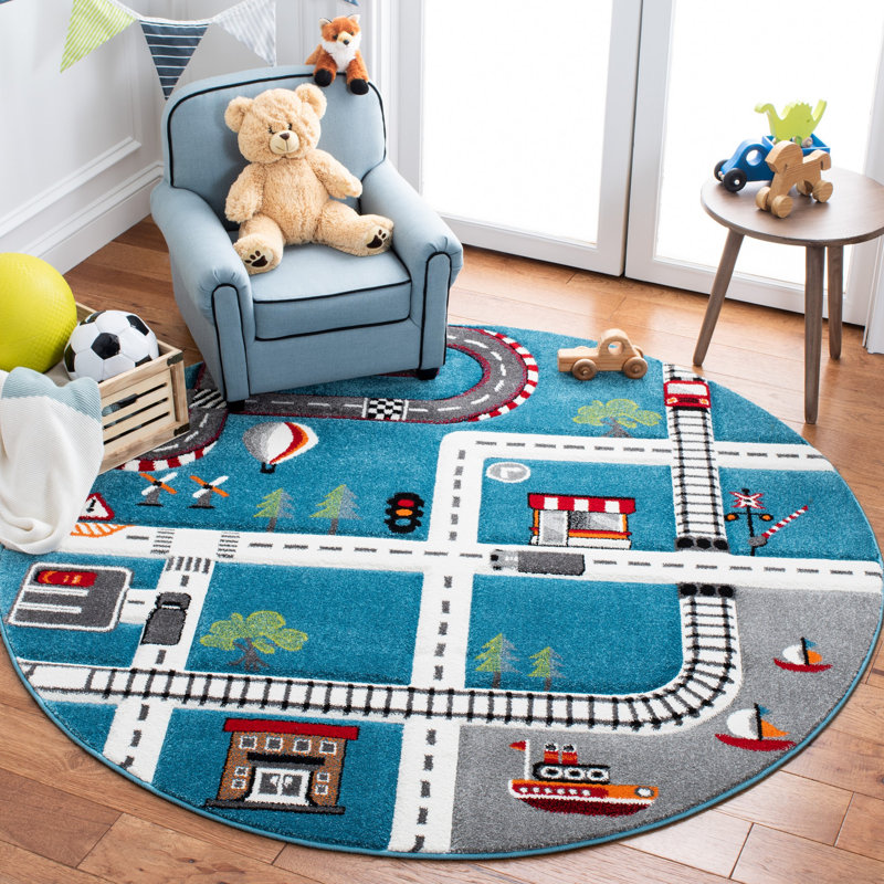 Hildreth Turquoise/Ivory Kid's Area Rug, Round 6'7"