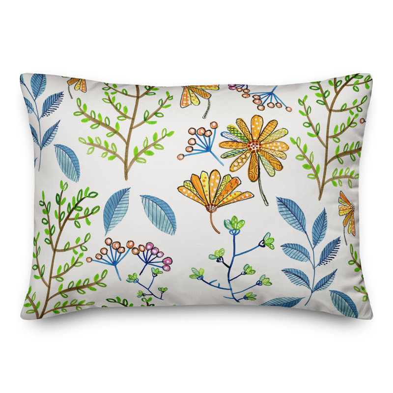 Coussin décoratif floral intérieur / extérieur en polyester, 14"H x 20"W, Bleu; vert