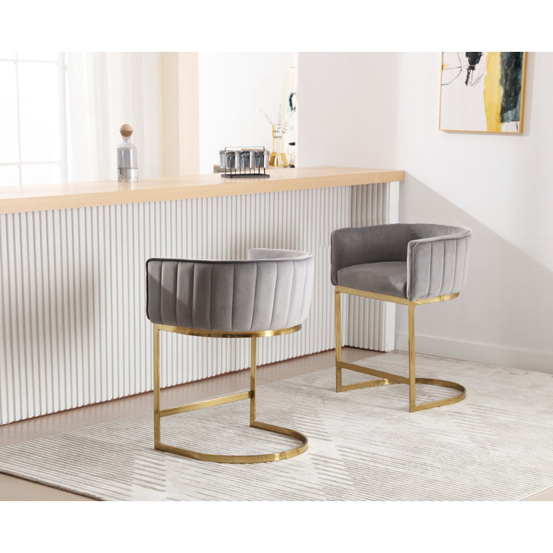 Naysharn Upholstered Counter Stool with Metal Frame, Gray, Gold, 2