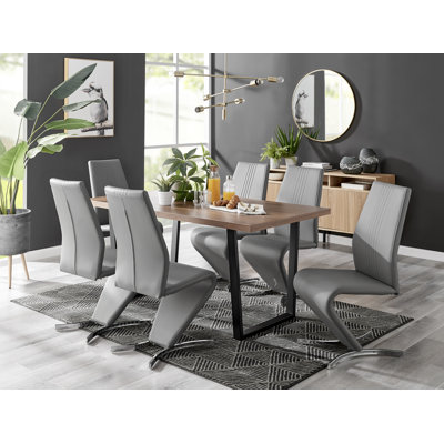 Kylooe Modern Brown Wood And Black Metal Dining Table Set With 6 Upholstered Faux Leather Chairs