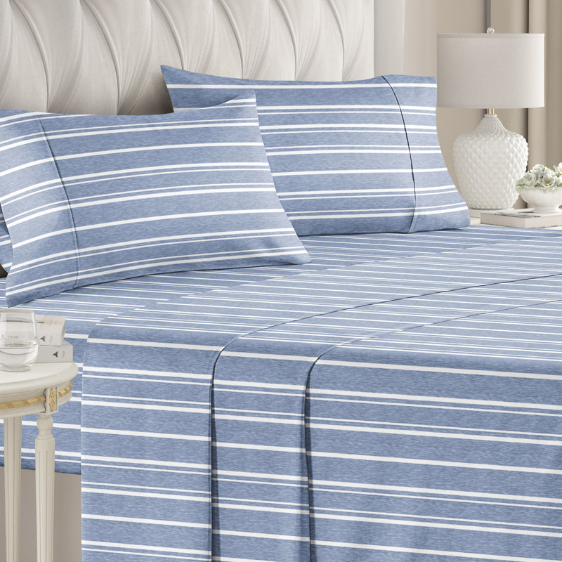 Full Size Blue Striped Microfiber 4-Piece Sheet Set