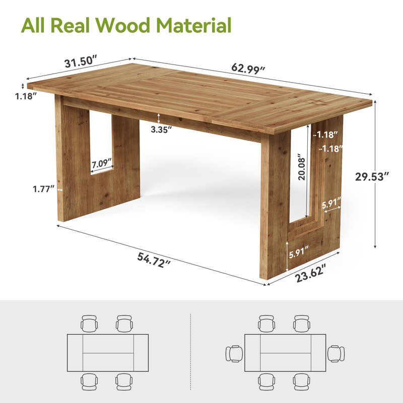 Solid Wood Dining Table, 63-Inch Rectangle Kitchen Table for 6 People