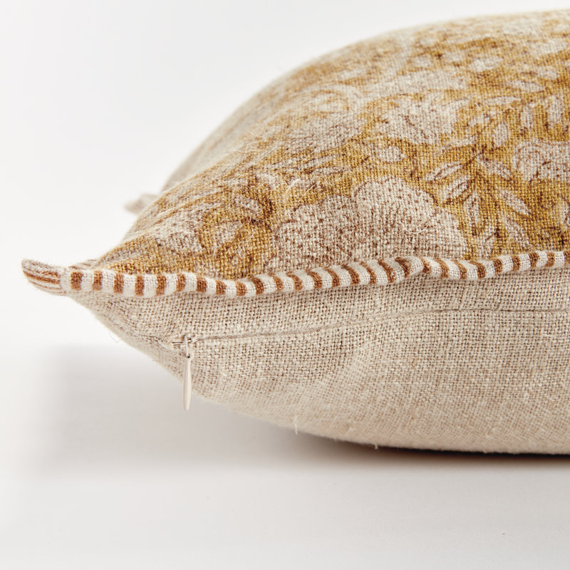Jules European Flax Fiber Pillow Cover & Insert, Rectangle 14" H x 20" W, Piped Edge, Yellow/Floral