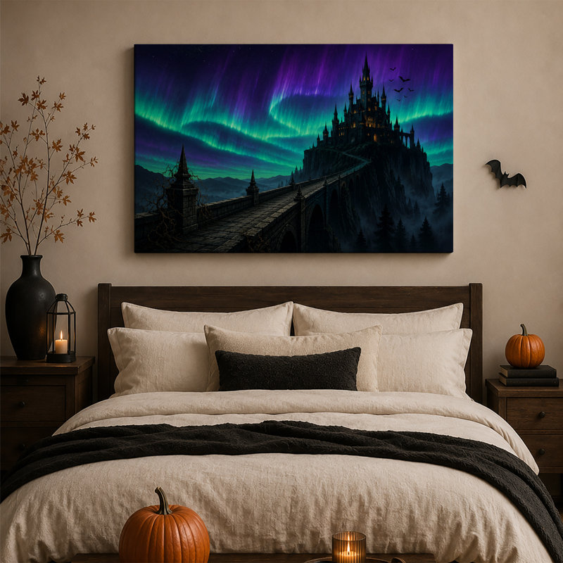 Château gothique sur falaise sous une toile verte et violette, art mural d'Halloween, H 24 po x l 36 po