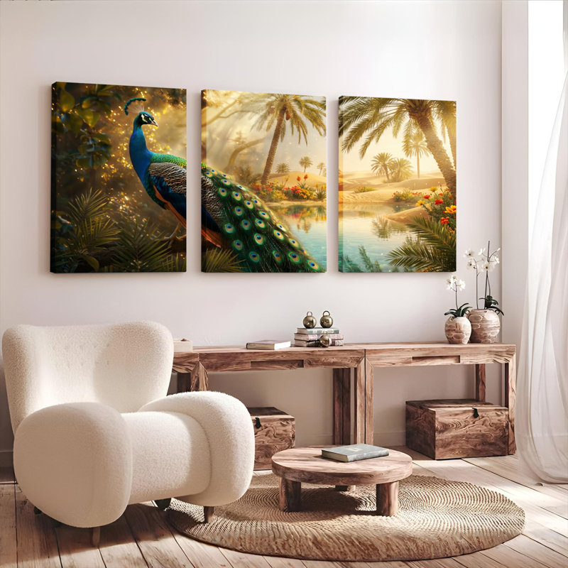Ensemble de 3 tableaux sur toile « Paon dans un paradis tropical »., 2436