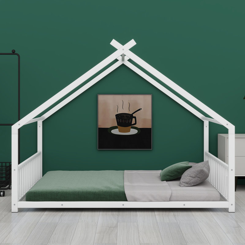 Structure de lit en métal avec toit classique, White