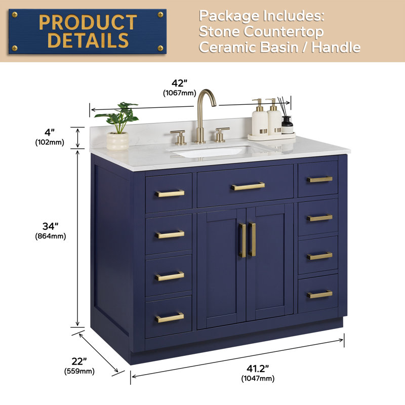 42'' Single Bathroom Vanity with Drawer, Shelf, Outlet, and Engineered Marble Top, Royal Blue, 42''