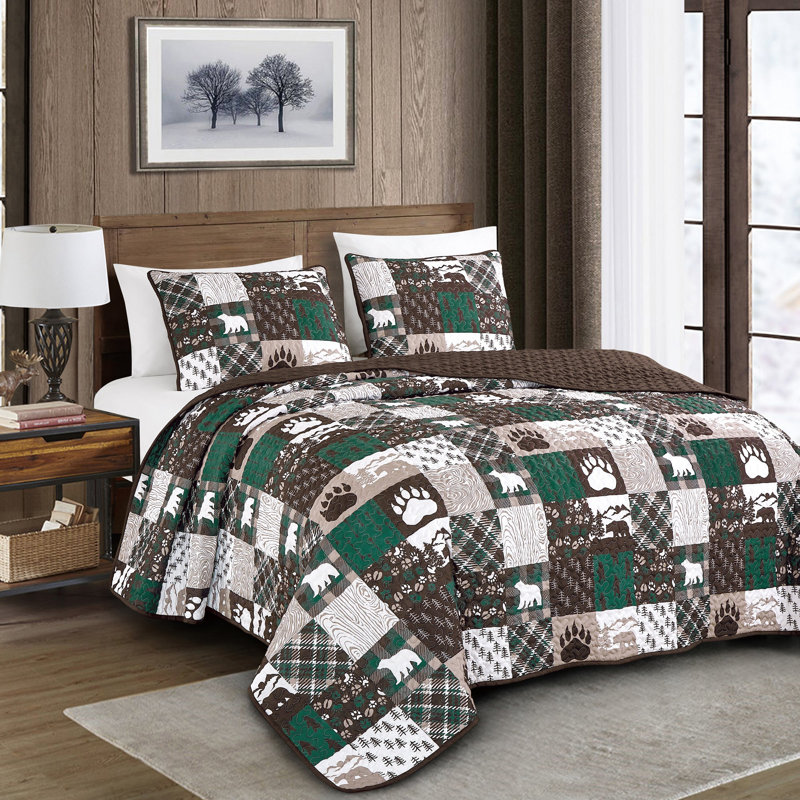 Ensemble de couvre-lit 3 pièces à motif d'ours et de pattes Patchwork, Courtepointe très grand + 2 taies décoratives