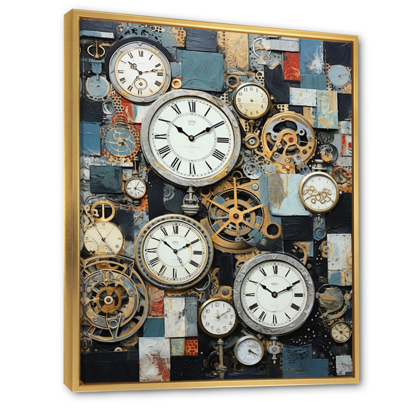 Collage horloger sur toile, H 32 po x l 16 po x P 1 po, Cadre flottant doré