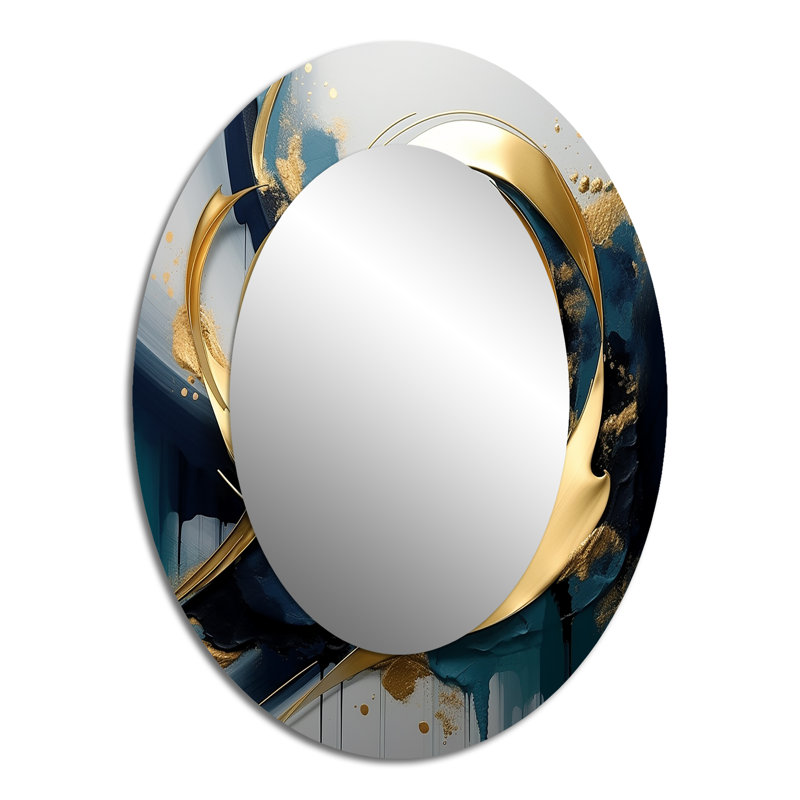 Golden Grey Abstract Fractal Whirls Of Serenity II - Large Oval Wall Mirror On Metal, 40" x 30"