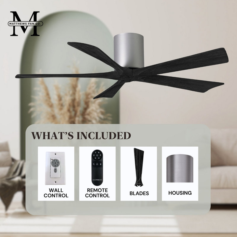 60" Irene 5-Blade Hugger Ceiling Fan with Wall Remote, Brushed Nickel, Matte Black, 52"