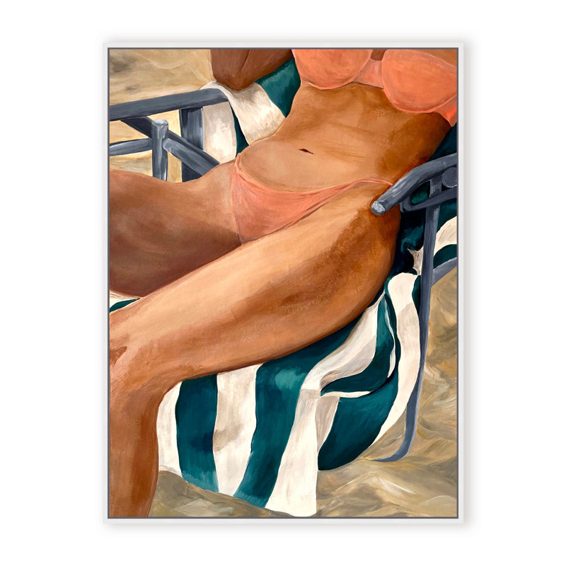 Coastal Retreat Riviera Retreat: Woman Lounging On Beach Towel And Chair, 40" H x 30" W x 1.125" D, White, Framed Print