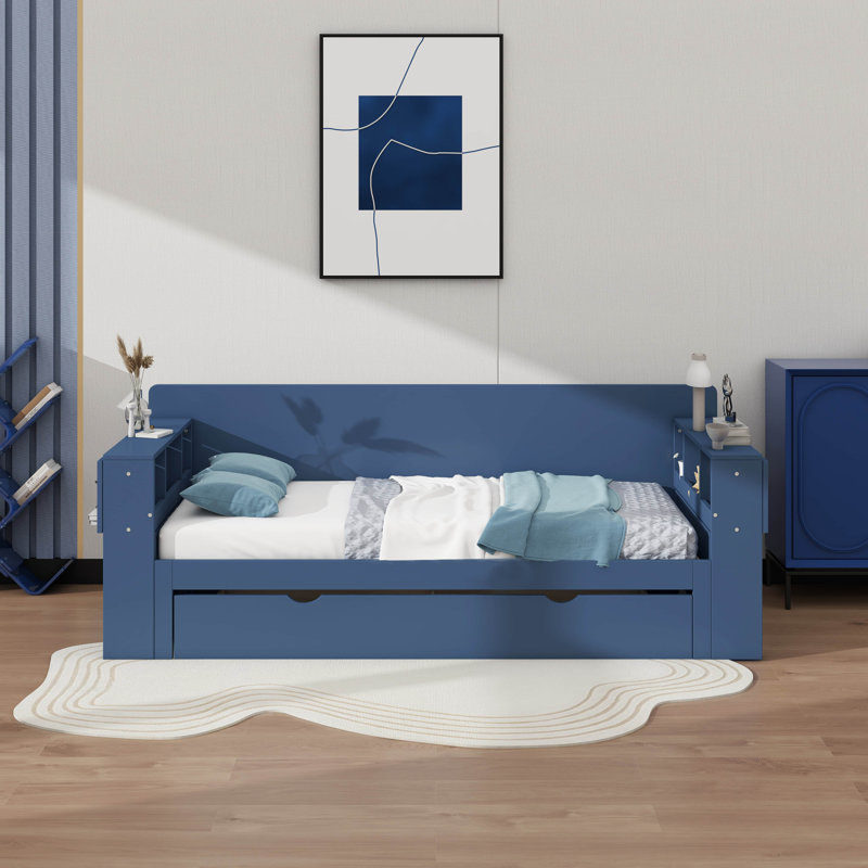 Grand lit de jour avec bureau, tiroirs et table d'appoint hydraulique, Bleu, Grand lit