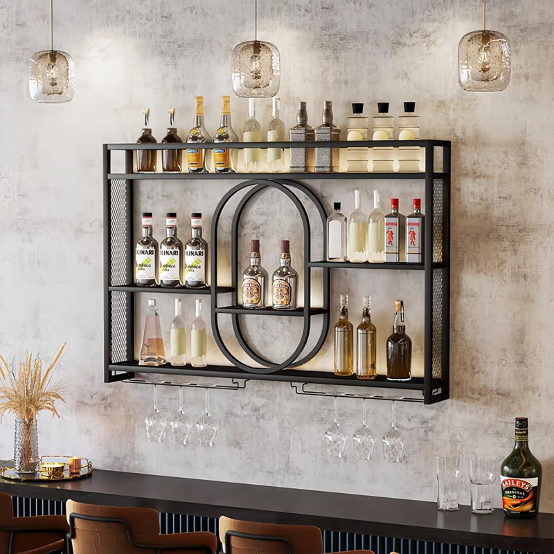 55" Upgrade Metal Wall Mounted Wine Rack, 3 Tier Bar Shelves With Glass Holder, Large Capacity Modern Liquor Shelves For Home Bar, Dining Room & Kitchen, Black