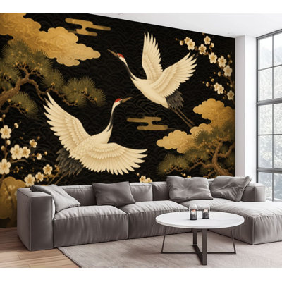Wall Mural Peel and Stick Wallpaper Japanese seamless crane birds elements Asian oriental decoration such Self-Adhesive Removable Contact Paper Wall Decor for Living Room Bedroom 100"H x 144"W