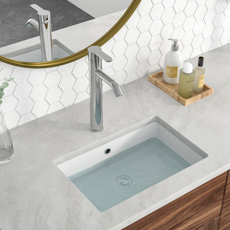 21"L x 14"W White Ceramic Rectangular Undermount Bathroom Sink with Overflow, 18" L x 14" W, White