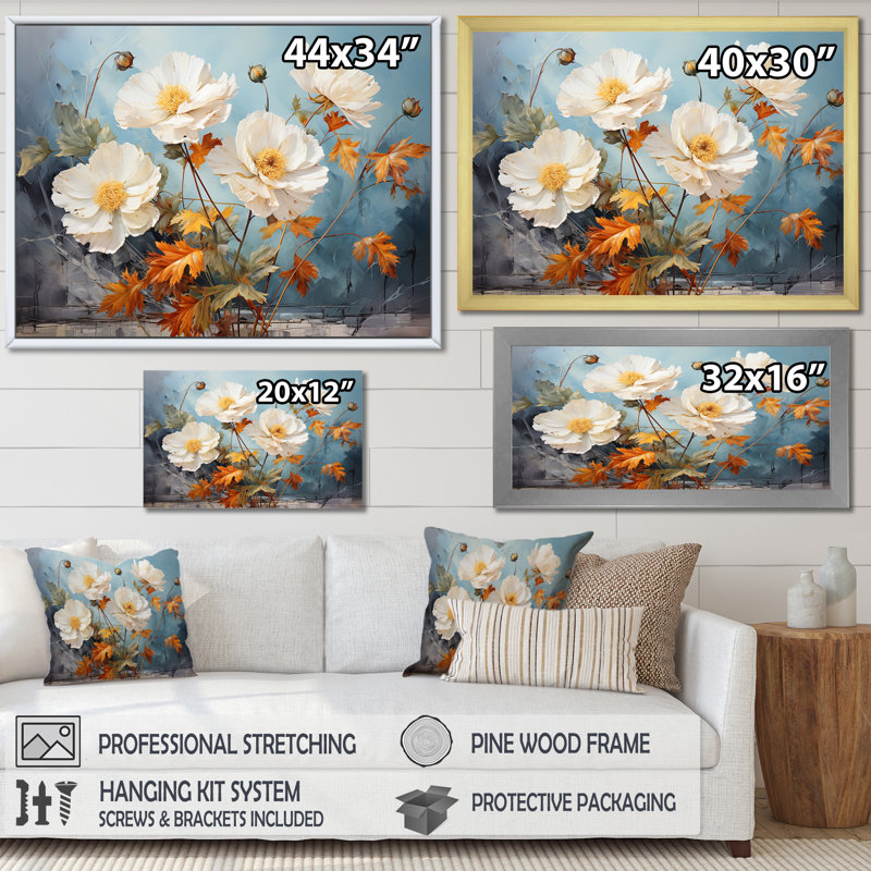 «Vintage Marigold Petal Embrace II», art mural souci, Cadre de coin fermé argenté, H 34 po x l 44 po x P 1,5 po